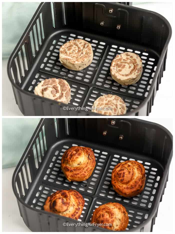 the process of cooking cinnamon rolls in an air fryer tray