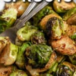 air fryer brussels sprouts in a bowl with text