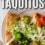 air fryer chicken taquitos on a plate with text