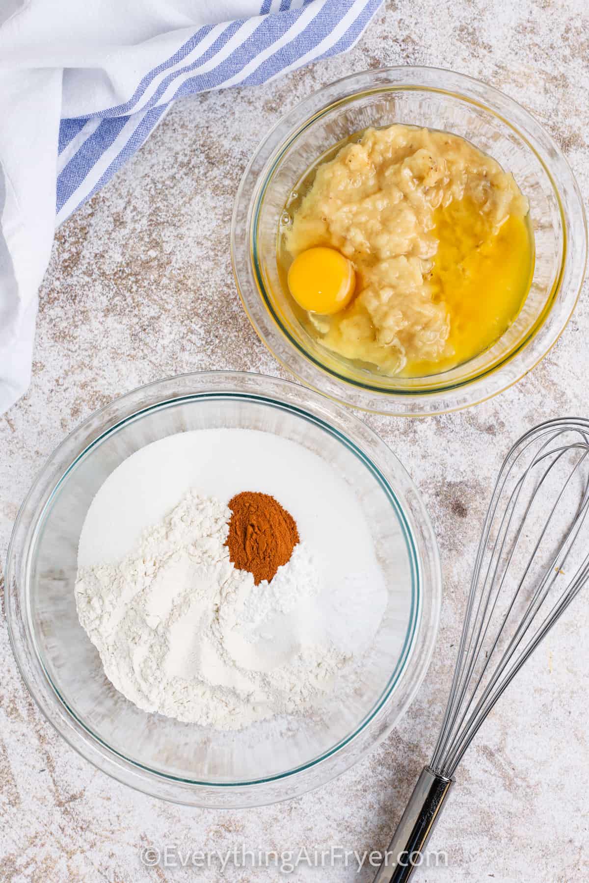 wet and dry ingredients in bowls to make Air Fryer Banana Muffins