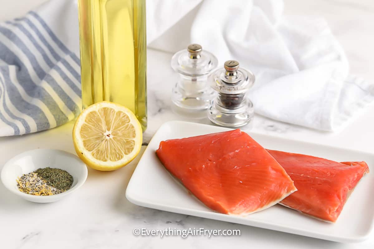 ingredients assembled to make air fryer salmon with dill
