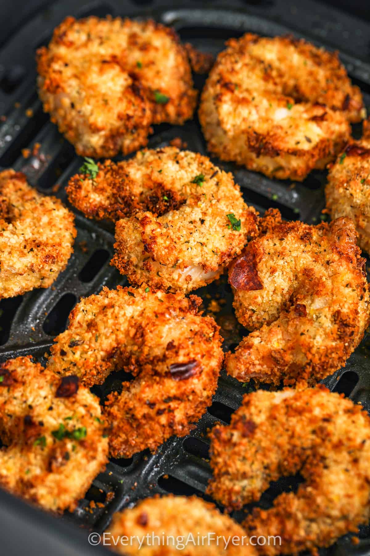 close up of Air Fryer Breaded Shrimp in the fryer