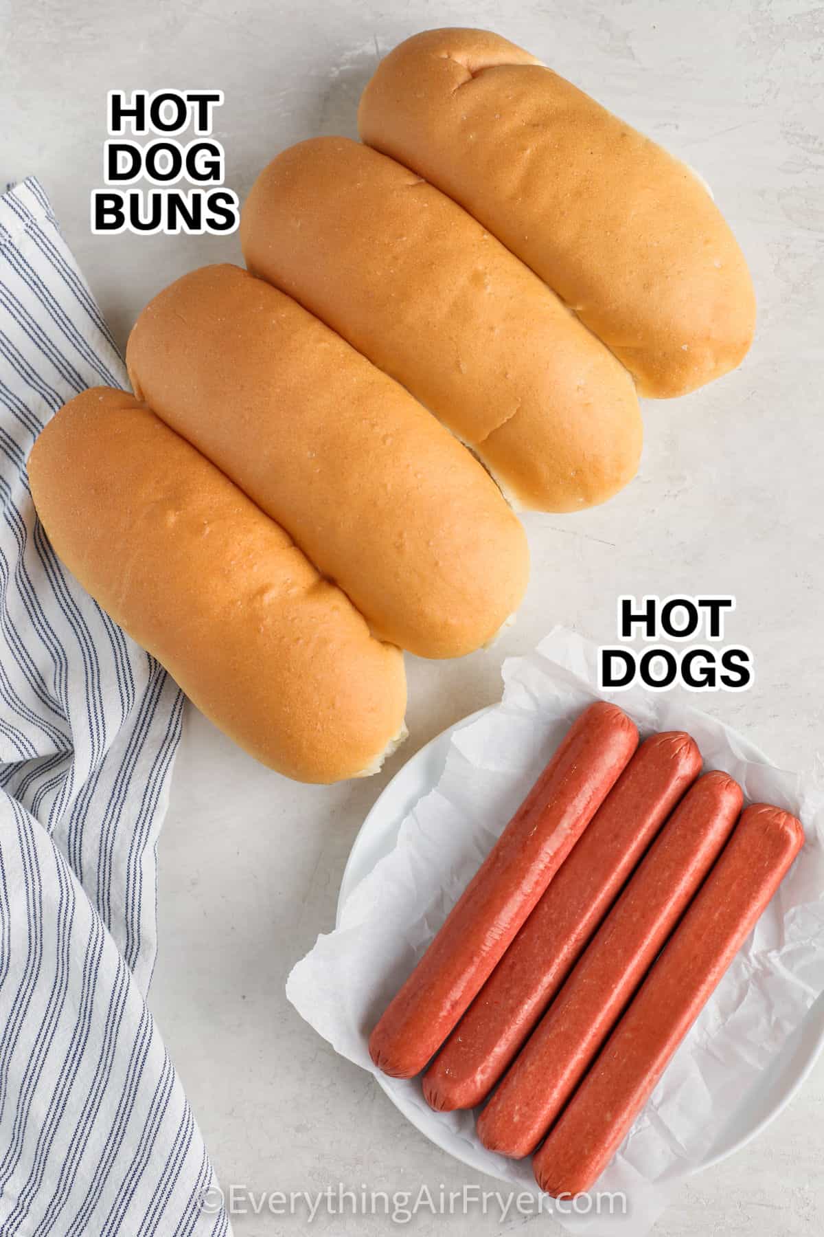 hot dogs and hot dog buns with labels to make Air Fryer Hot Dogs