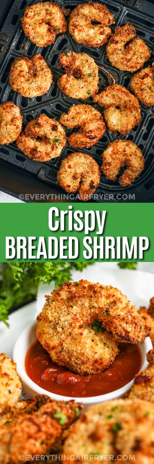 Air Fryer Breaded Shrimp in the fryer and plated with a title