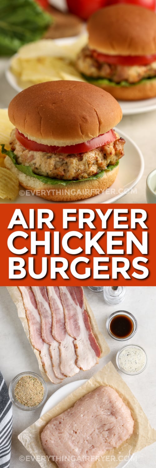 air fryer chicken burgers and ingredients with text
