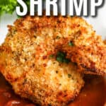 close up of dipping Air Fryer Breaded Shrimp with writing