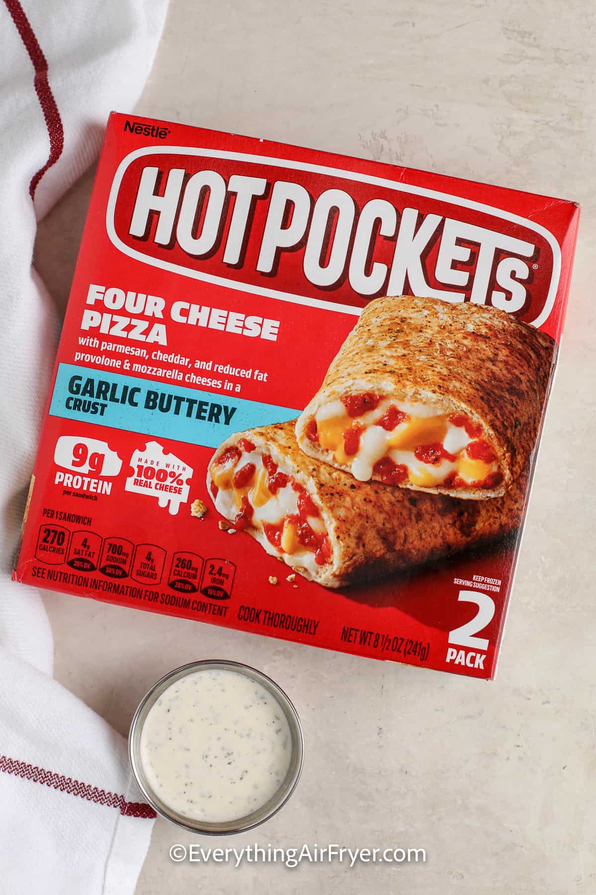 box of hot pockets and dipping sauce