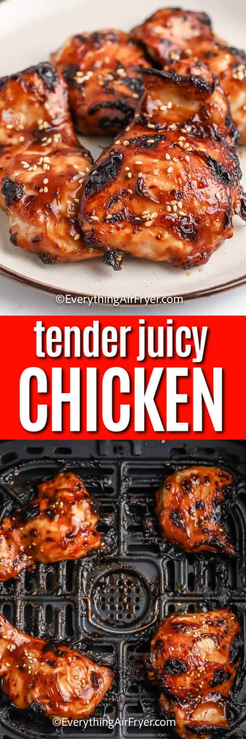 Air Fryer Boneless Chicken Thighs in the fryer and plated with a title