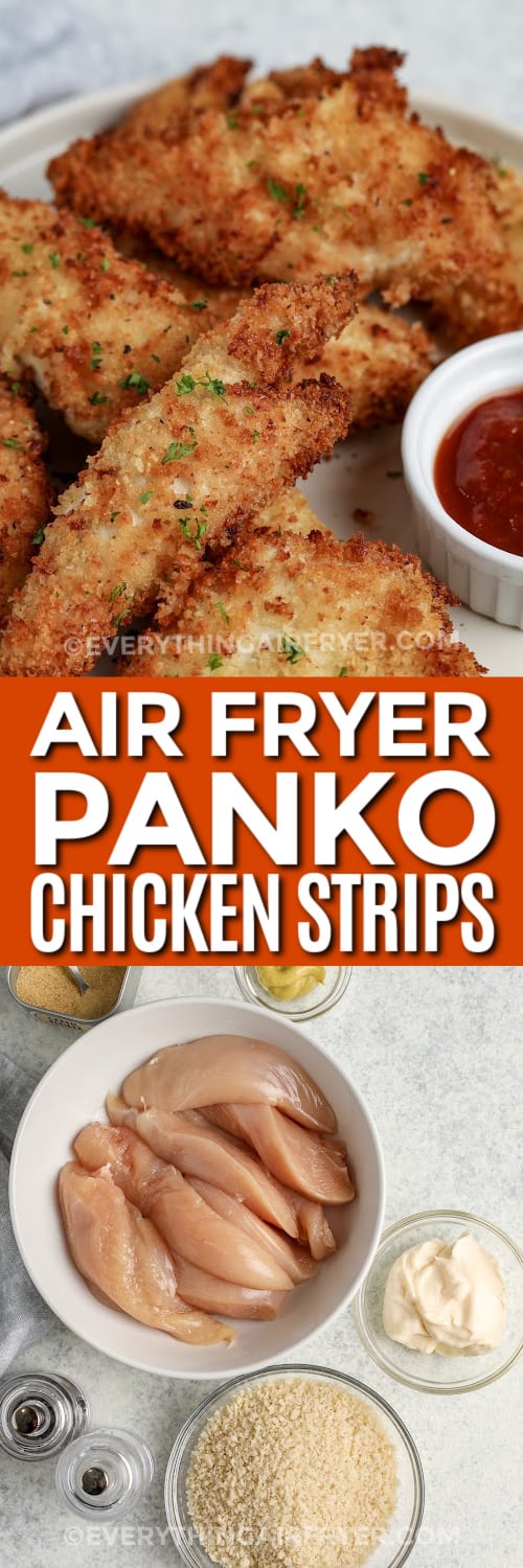 air fryer chicken strips and ingredients with text