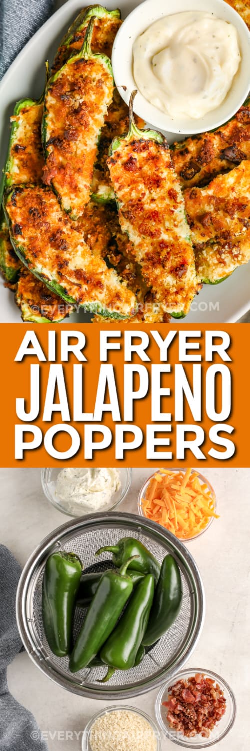 air fryer jalapeno poppers and ingredients with text