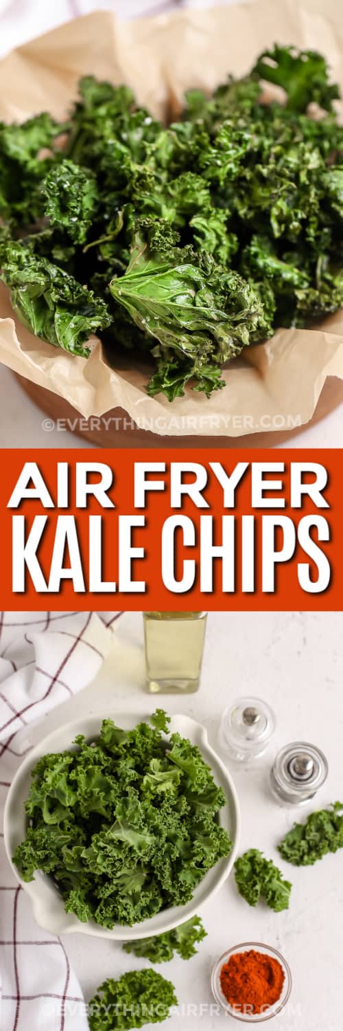 air fryer kale chips and ingredients with text