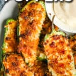 air fryer jalapeno poppers on a plate with text