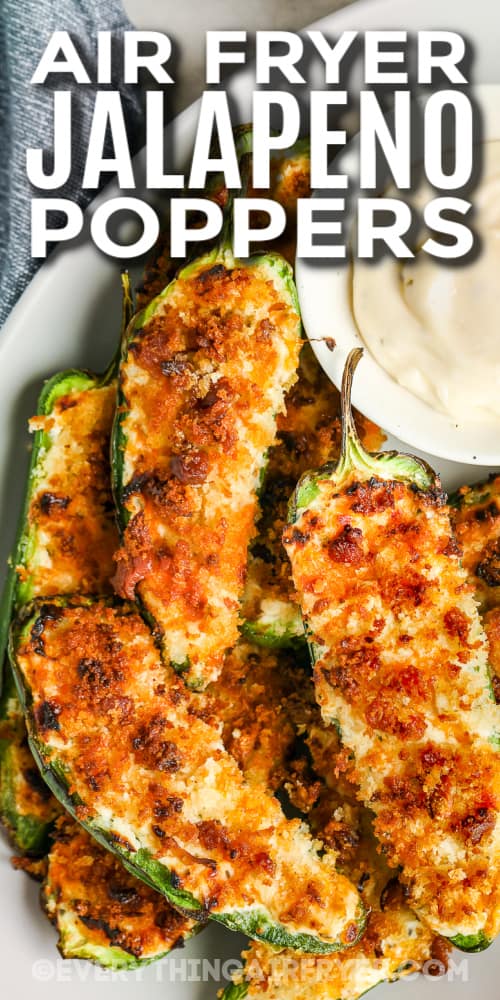 air fryer jalapeno poppers on a plate with text
