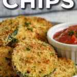 air fryer zucchini chips on a plate with text