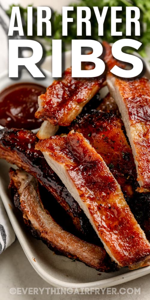 air fryer ribs on a plate with text