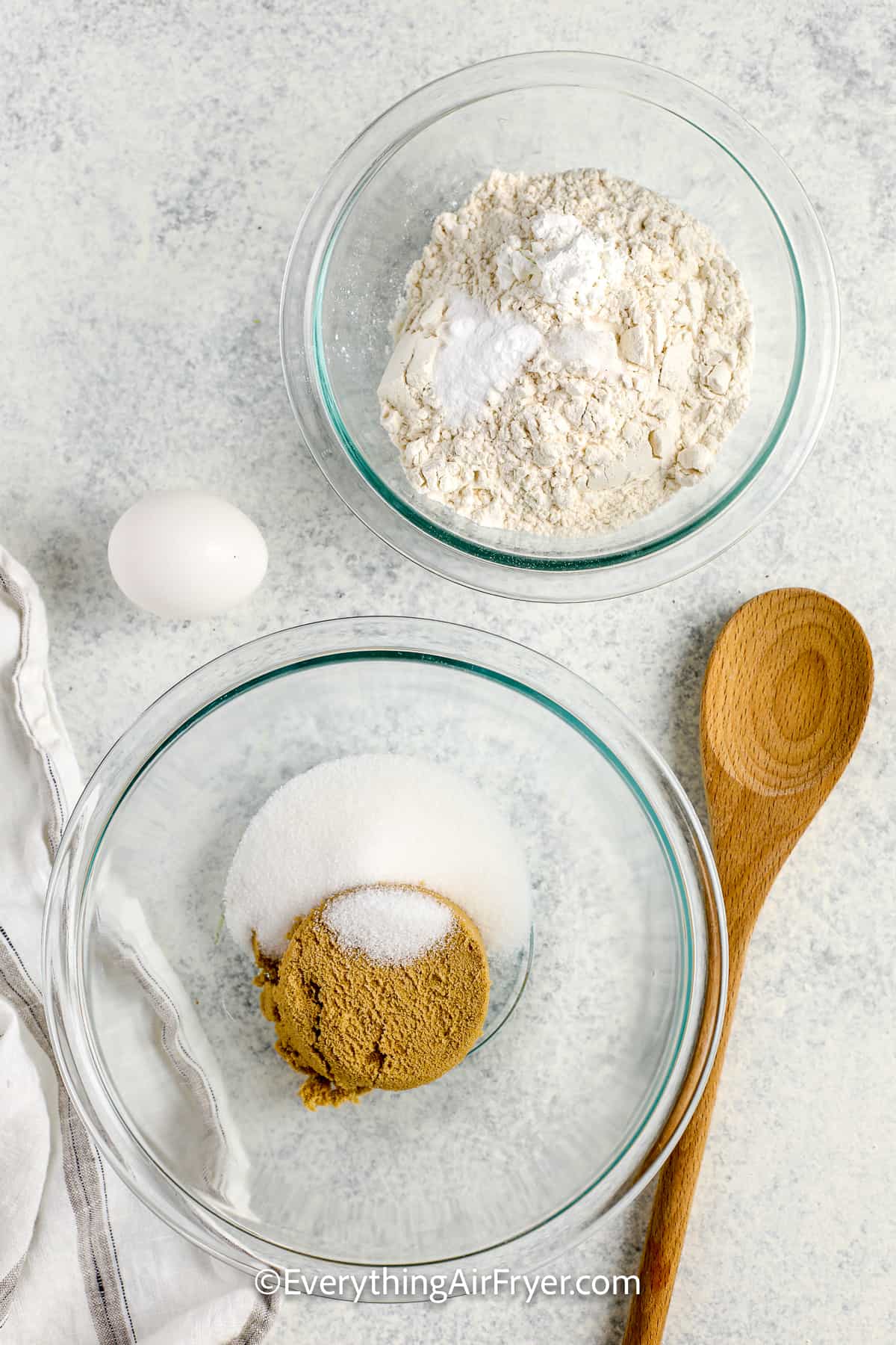 dry ingredients for air fryer cookies in separate bowls