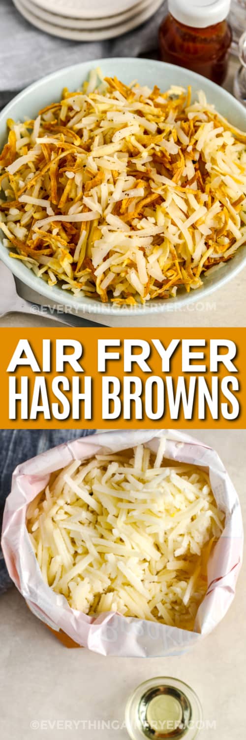 air fryer hash browns and ingredients with text