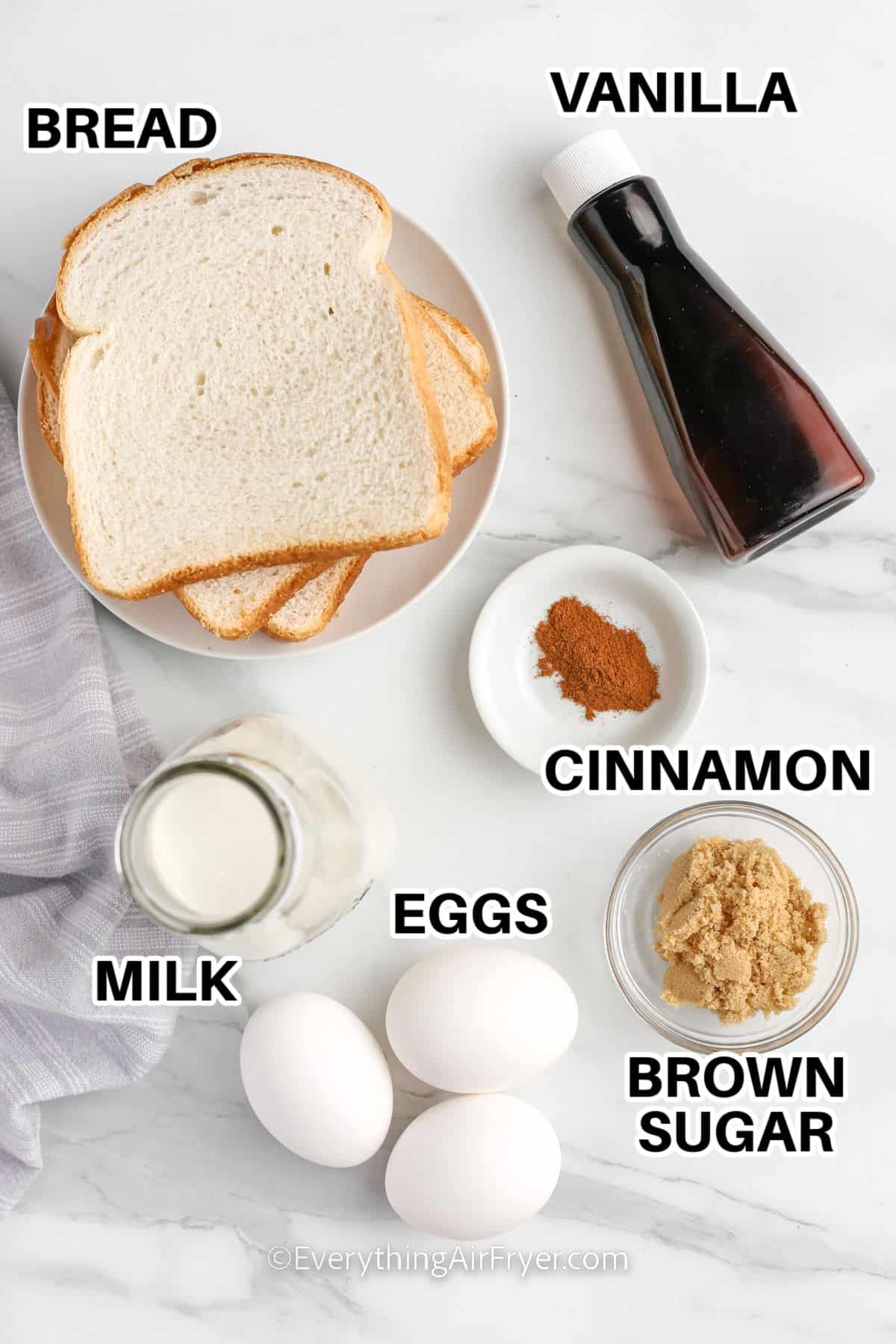 bread , vanilla , milk , eggs , cinnamon , brown sugar with labels to make French Toast Waffles