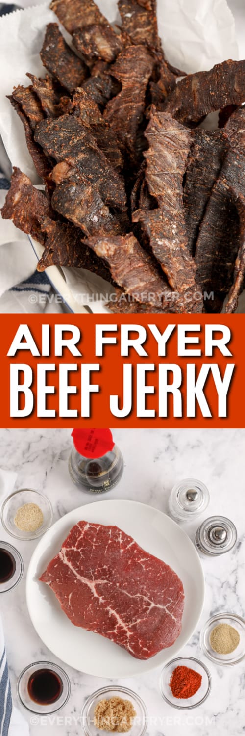 air fryer beef jerky and ingredients with text