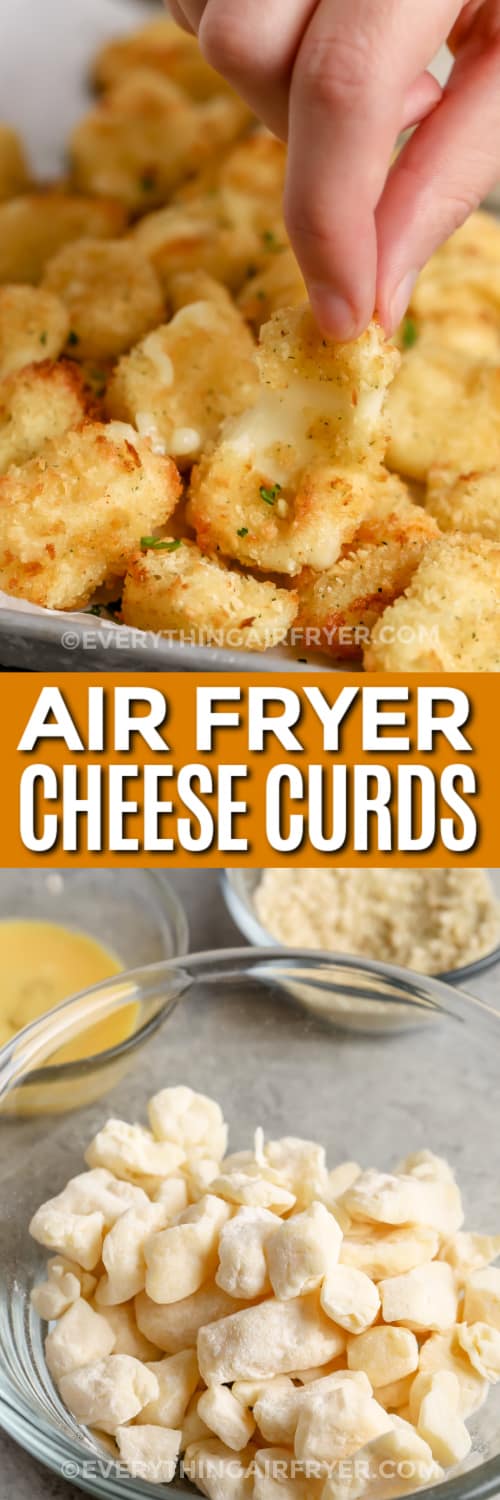 air fryer cheese curds and ingredients with text