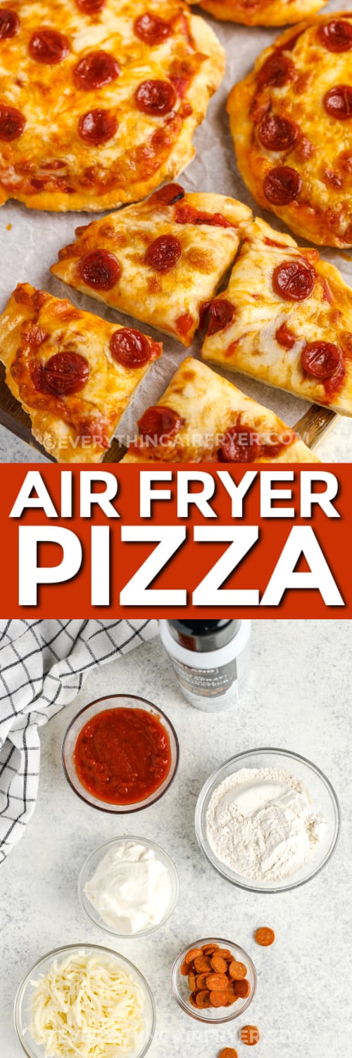 air fryer pizza and ingredients with text