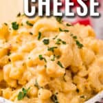 a bowl of air fryer mac and cheese with text