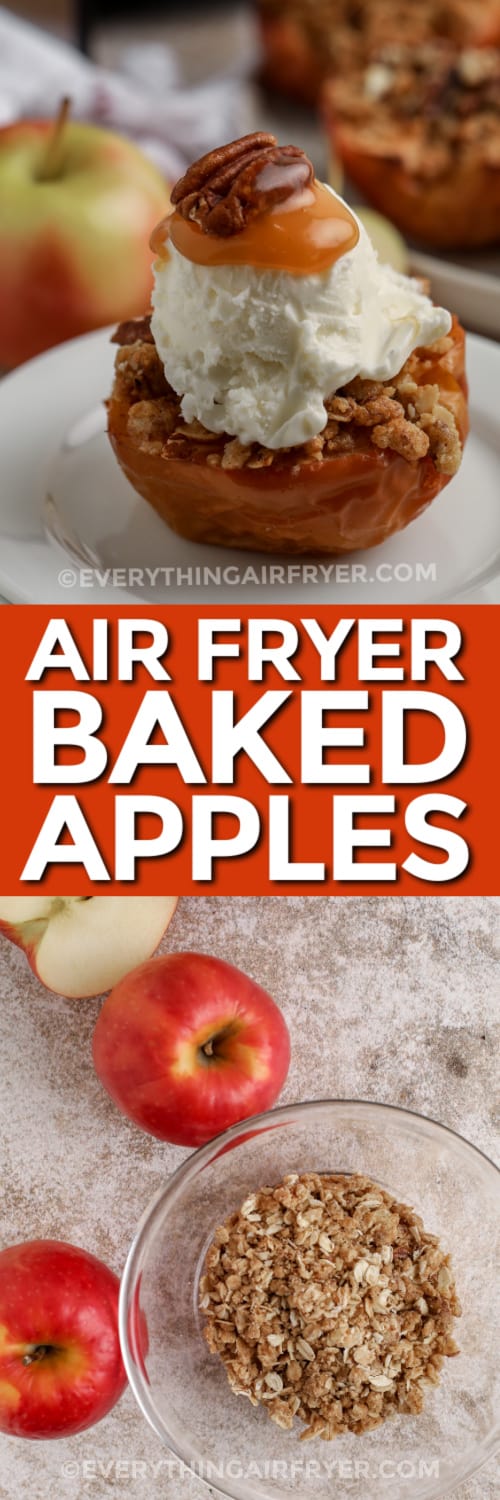 air fryer baked apples and ingredients with text