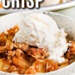 Air Fryer Apple Crisp in a bowl topped with ice cream with text