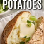 air fryer baked potato topped with butter and chives with text