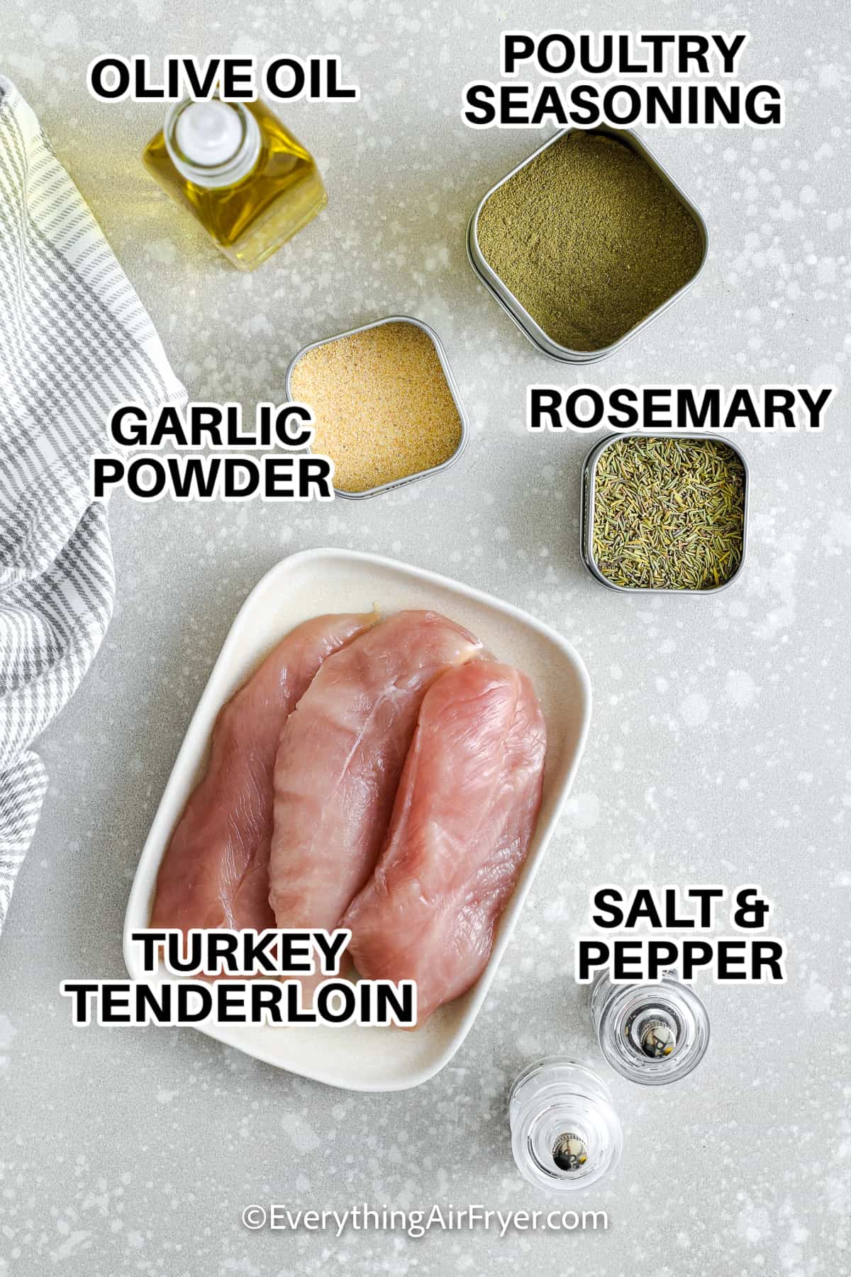 Air Fryer Turkey Tenderloin ingredients including turkey tenderloin, olive oil, poultry seasoning, garlic powder, rosemary, salt, and pepper