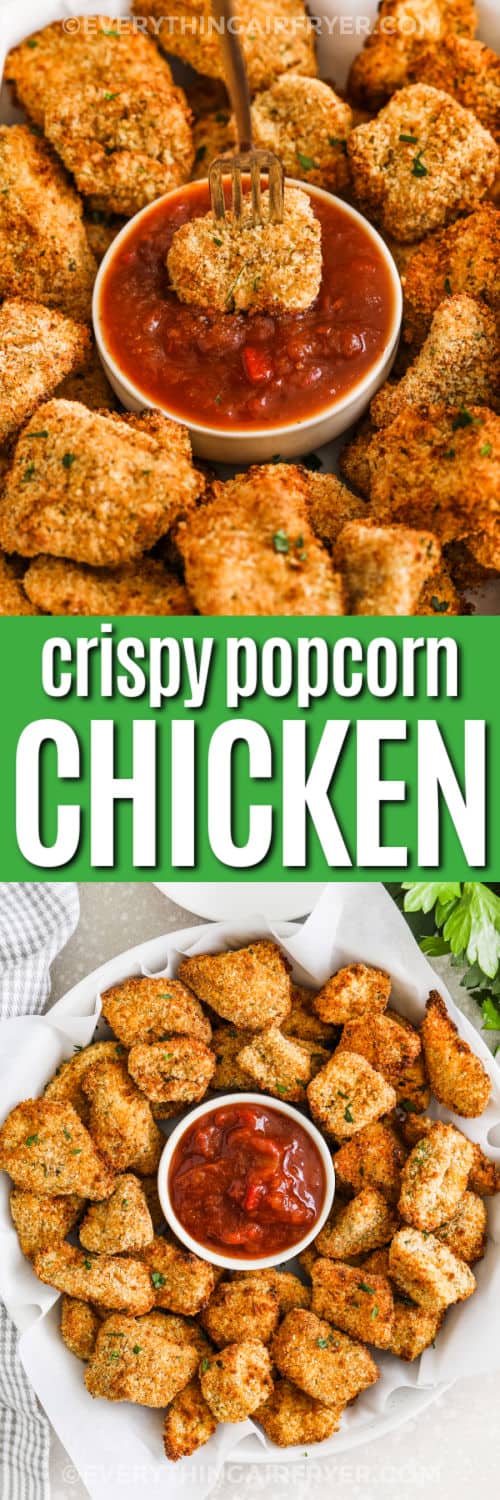 plated Air Fryer Popcorn Chicken and close up photo with a title