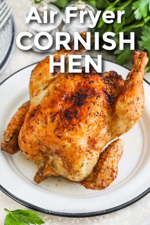Air Fryer Cornish Hen on a plate with a title