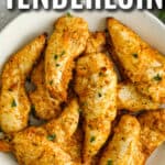 air fryer chicken tenderloins in a bowl with a title