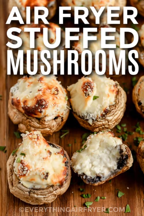 cheese stuffed mushrooms with writing