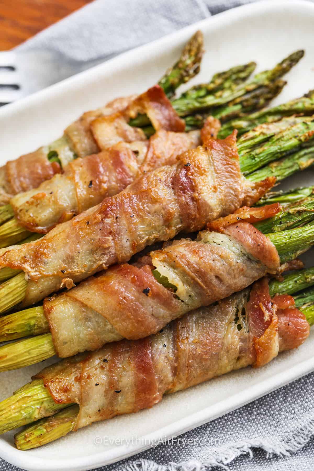 close up of Air Fryer Bacon Wrapped Asparagus
