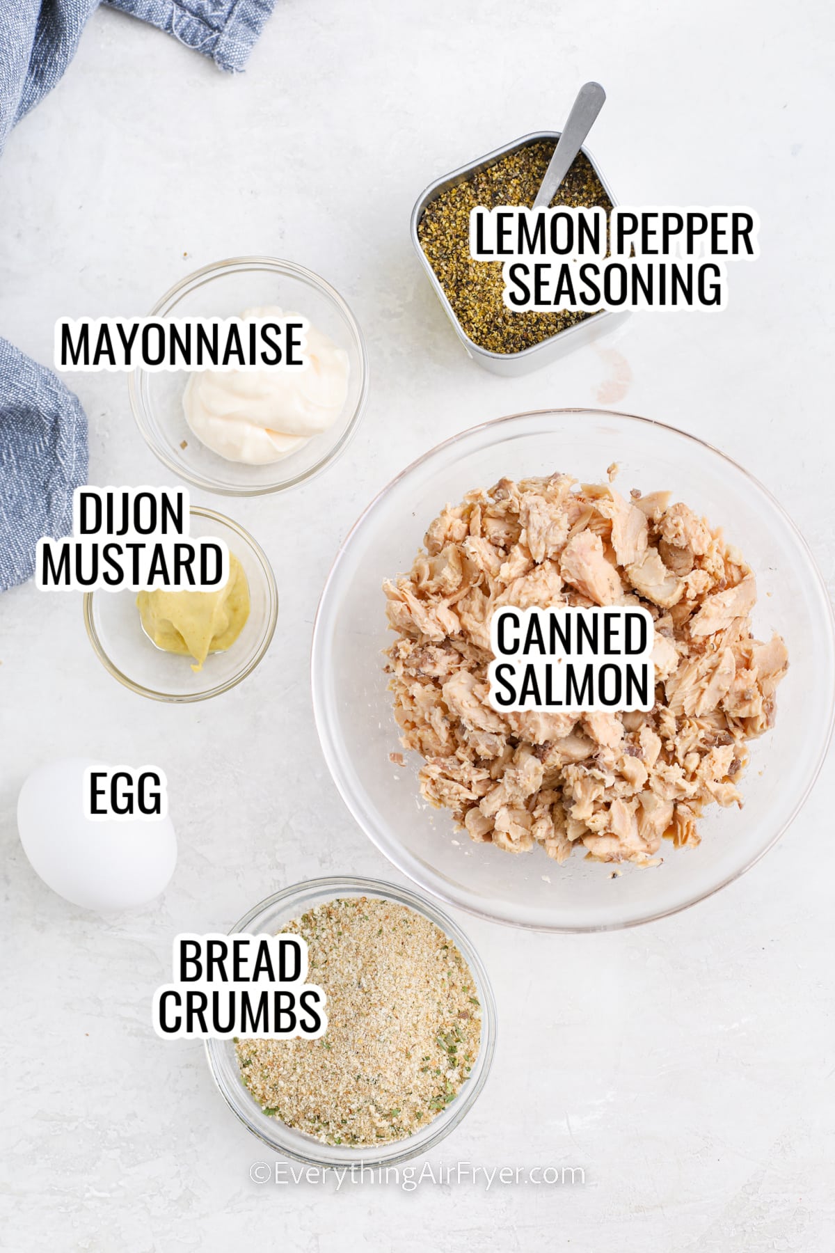 labeled ingredients to make air fryer salmon patties: mayonnaise, lemon pepper seasoning, dijon mustard, canned salmon, egg, breadcrumbs