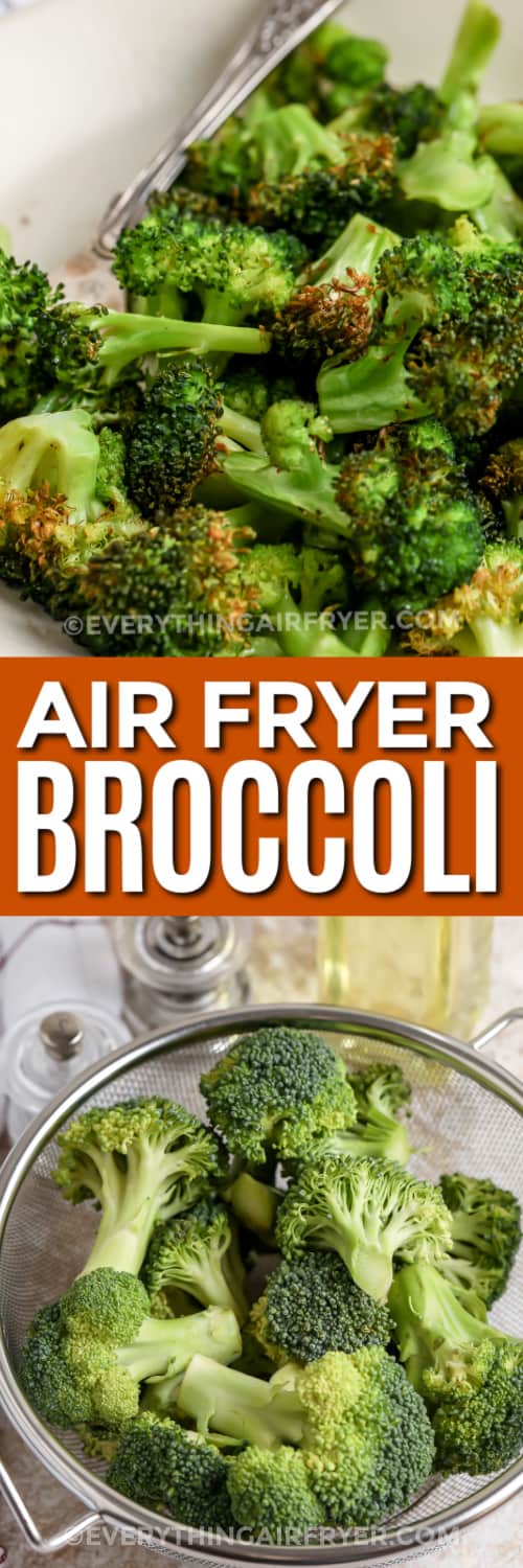 air fryer broccoli and ingredients with text