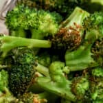 air fryer broccoli in a dish with text