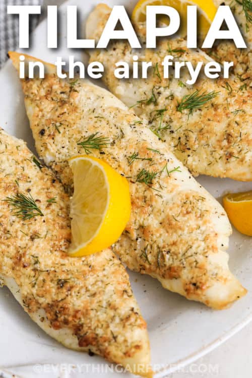 plated Air Fryer Tilapia with lemon slices and writing