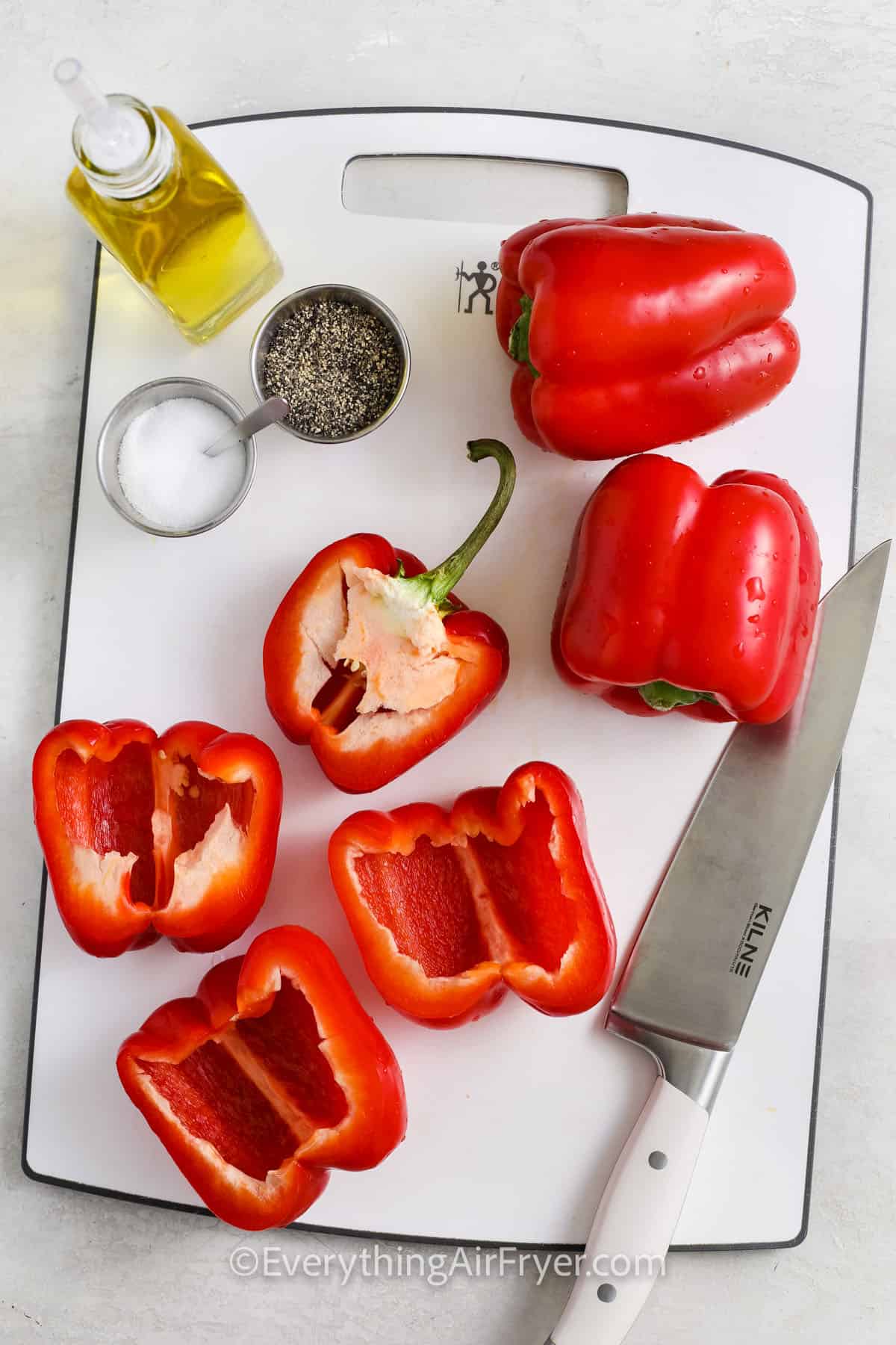 slicing peppers to make Air Fryer Roasted Peppers