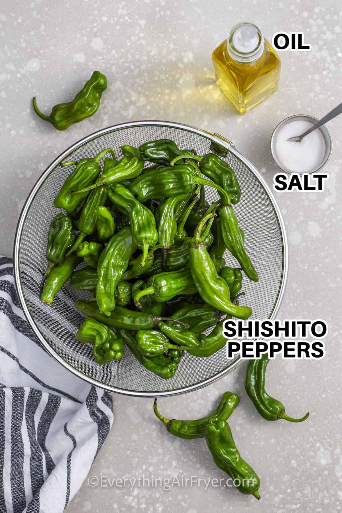 shishito peppers, salt and oil with labels to make Air Fryer Shishito Peppers